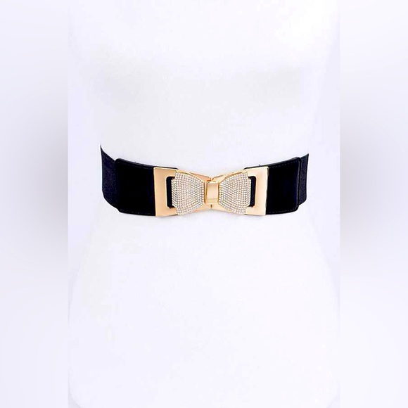 Crystal Bow Tie Elastic Waist Statement Belt - Picture 2 of 7
